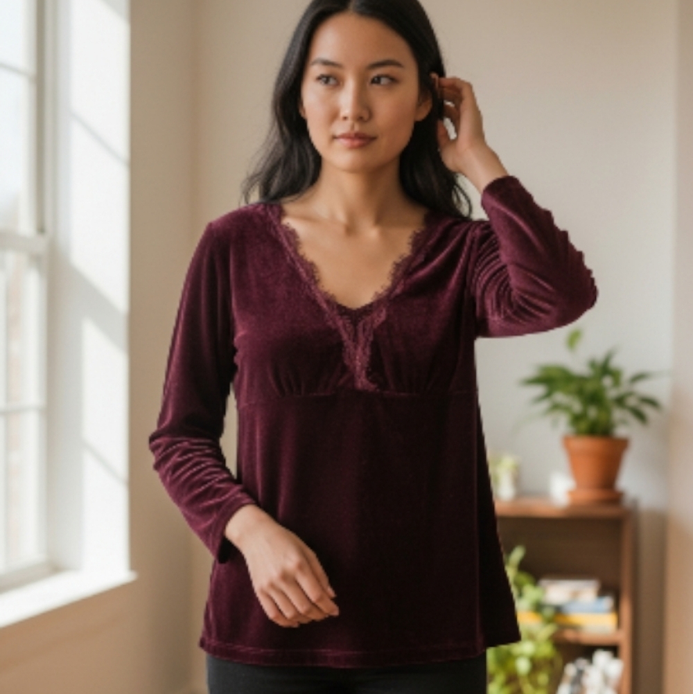 Burgundy Velvet Lace-Trim Top – Size L